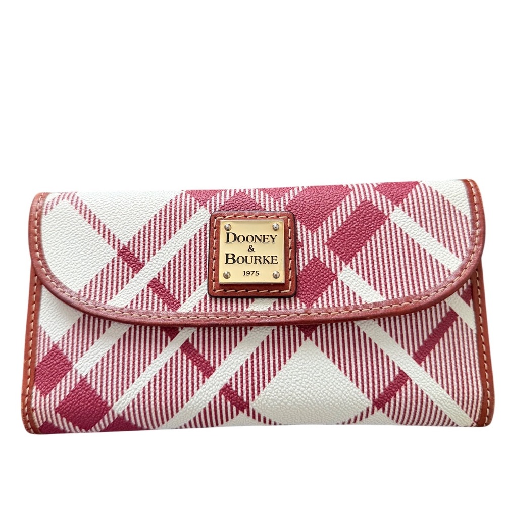 Dooney & Bourke Red White Plaid Coated Canvas Continental Clutch Wallet